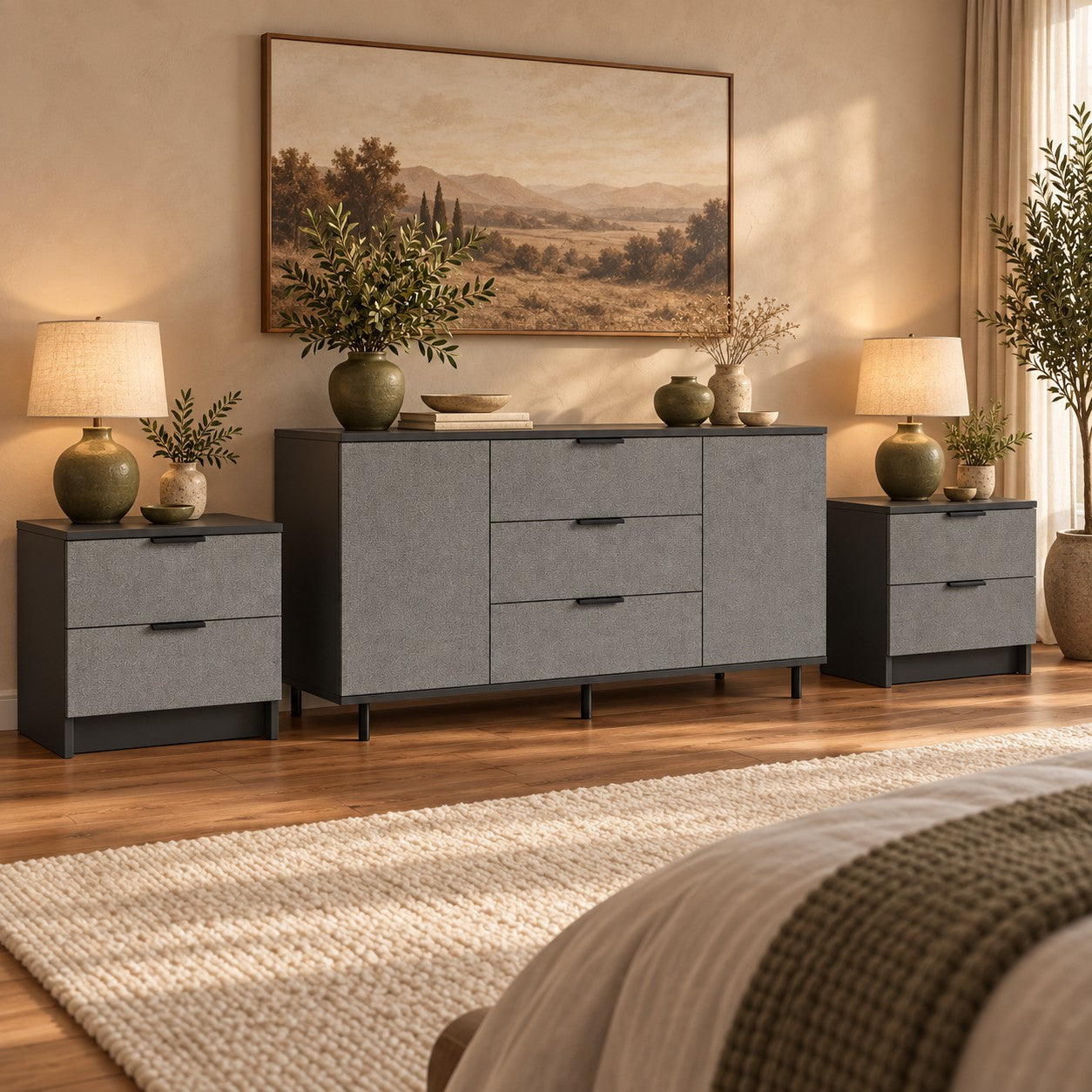 Set comodă și 2 noptiere MARATEA antracit, fronturi MDF aspect piatră Default Title Arboteca