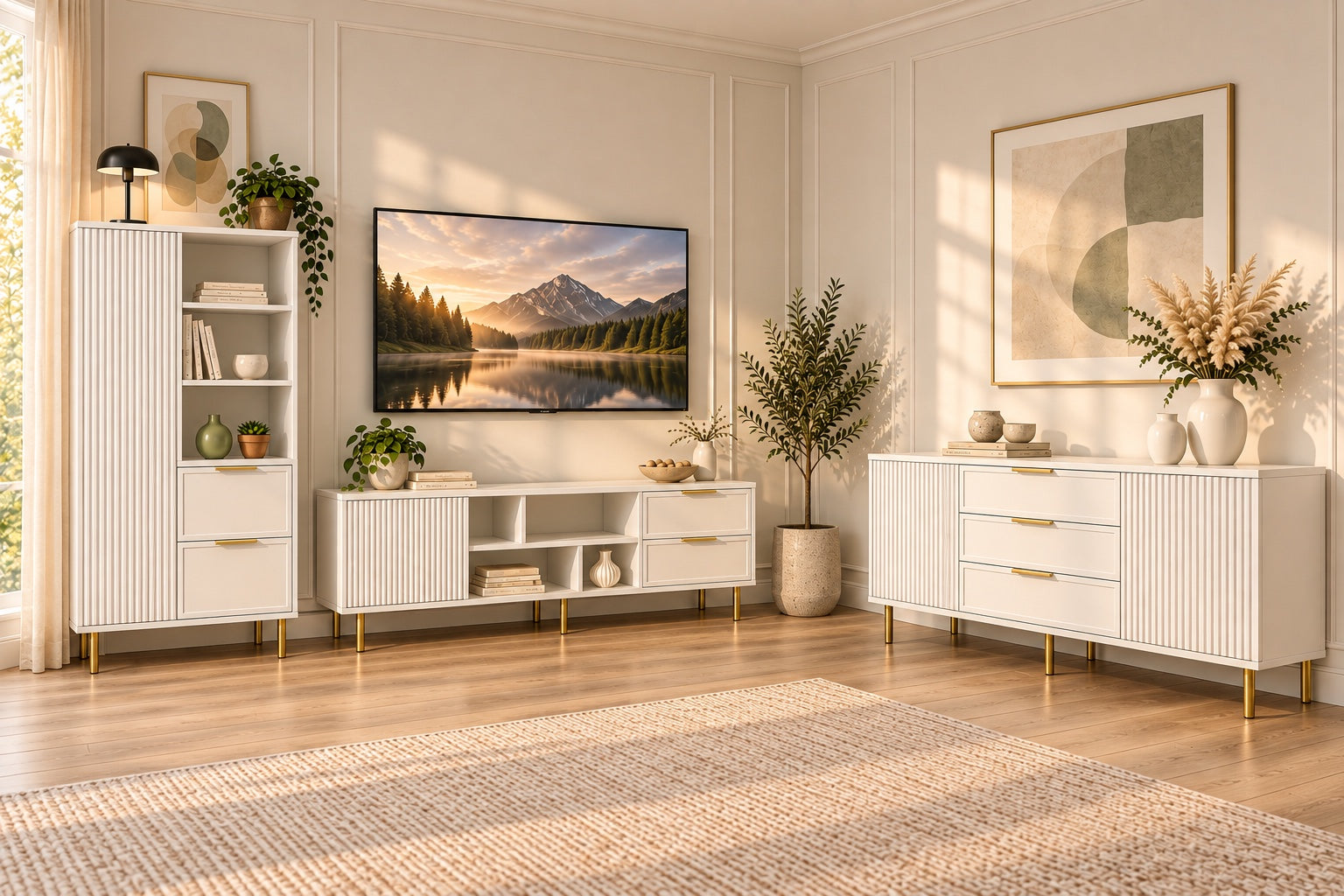 Set living PORTOFINO alb: comodă TV, dulap și comodă
