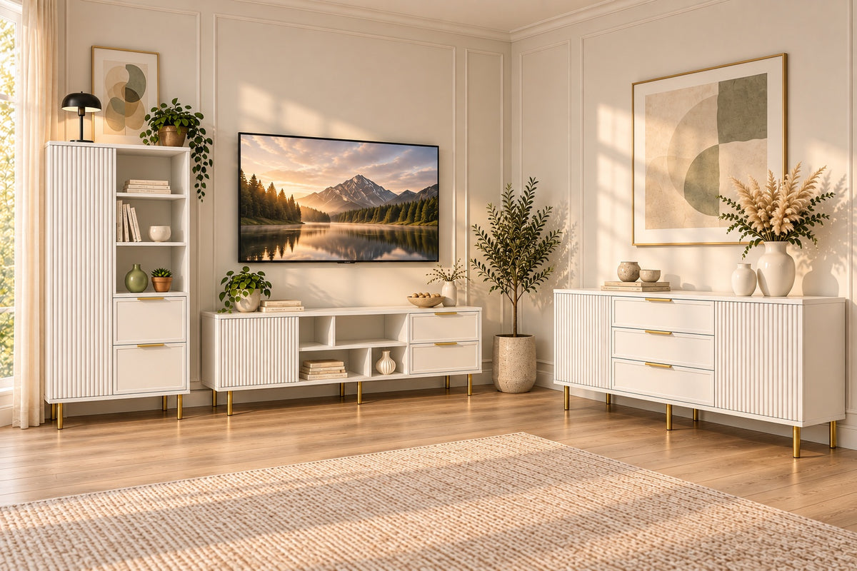 Set living PORTOFINO alb: comodă TV, dulap și comodă