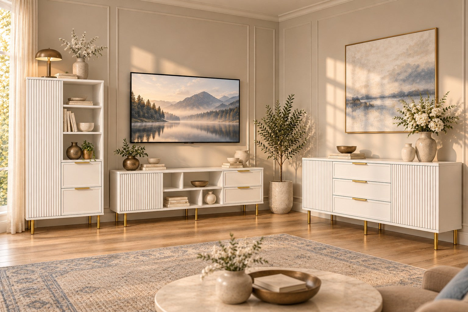 Set living PORTOFINO alb: comodă TV, dulap și comodă, MDF riflat vopsit Default Title Arboteca