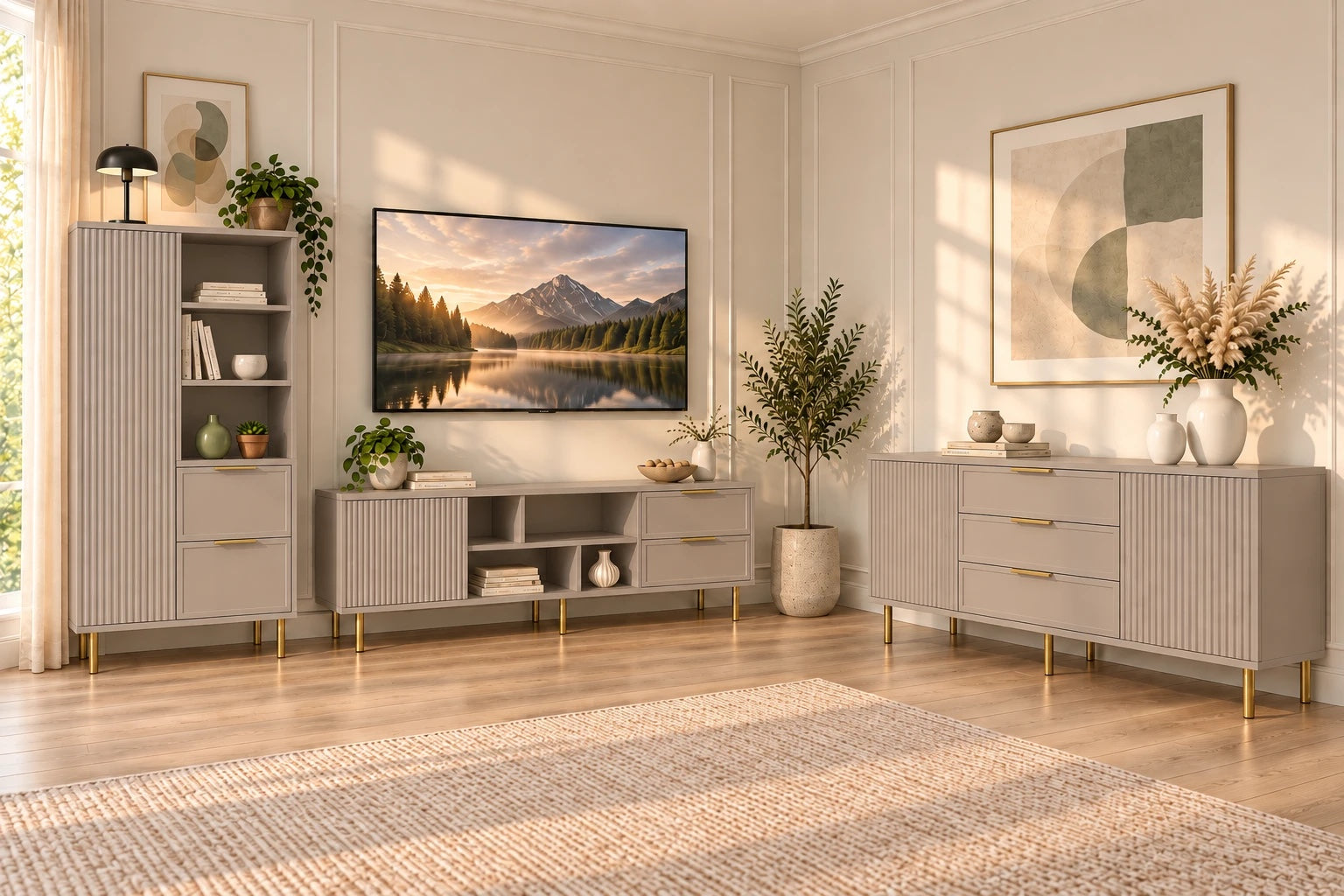 Set living PORTOFINO cașmir bazalt: comodă TV, dulap și comodă