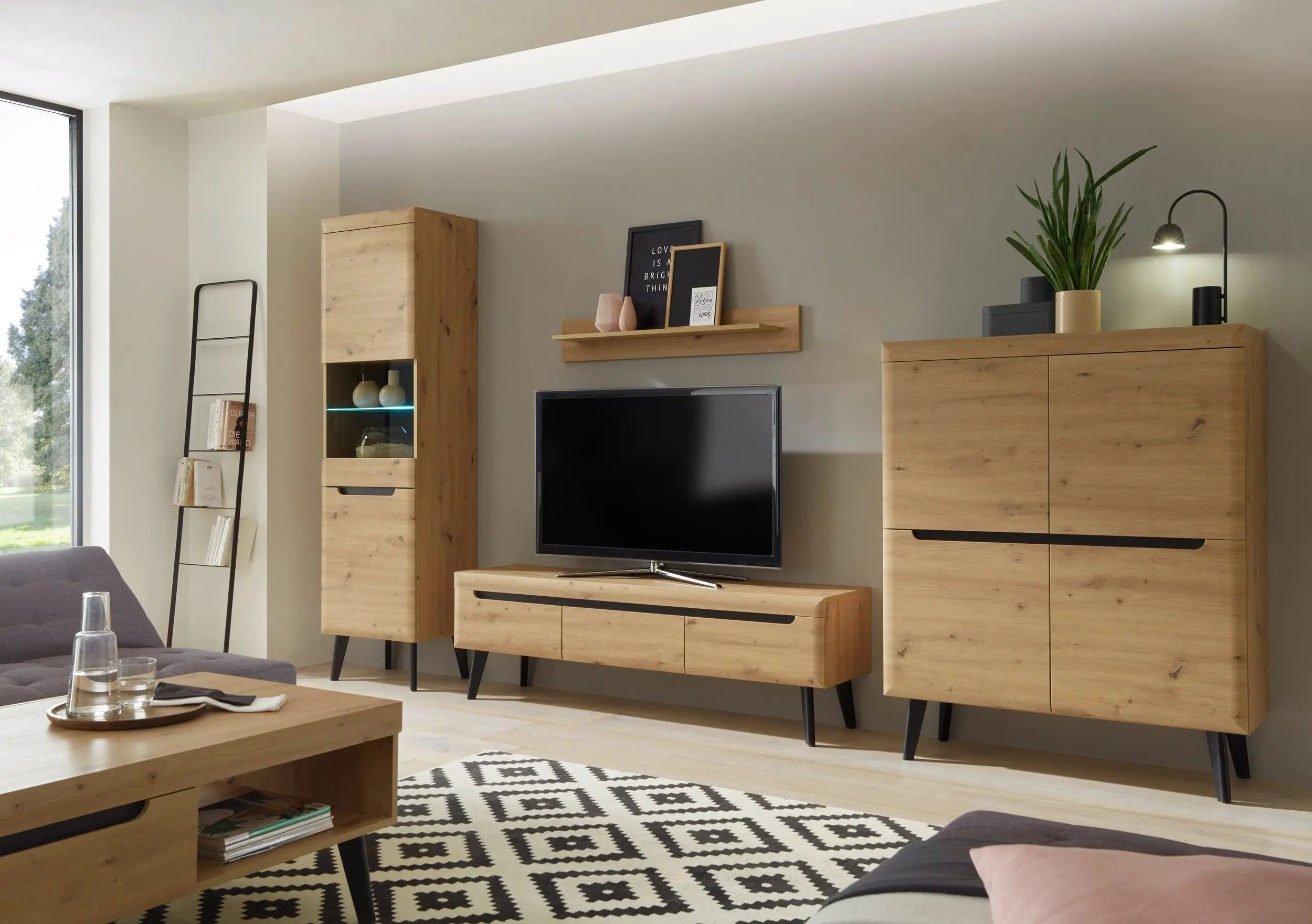 Set living outlet stejar natural — comodă TV, vitrină, highboard | Arboteca
