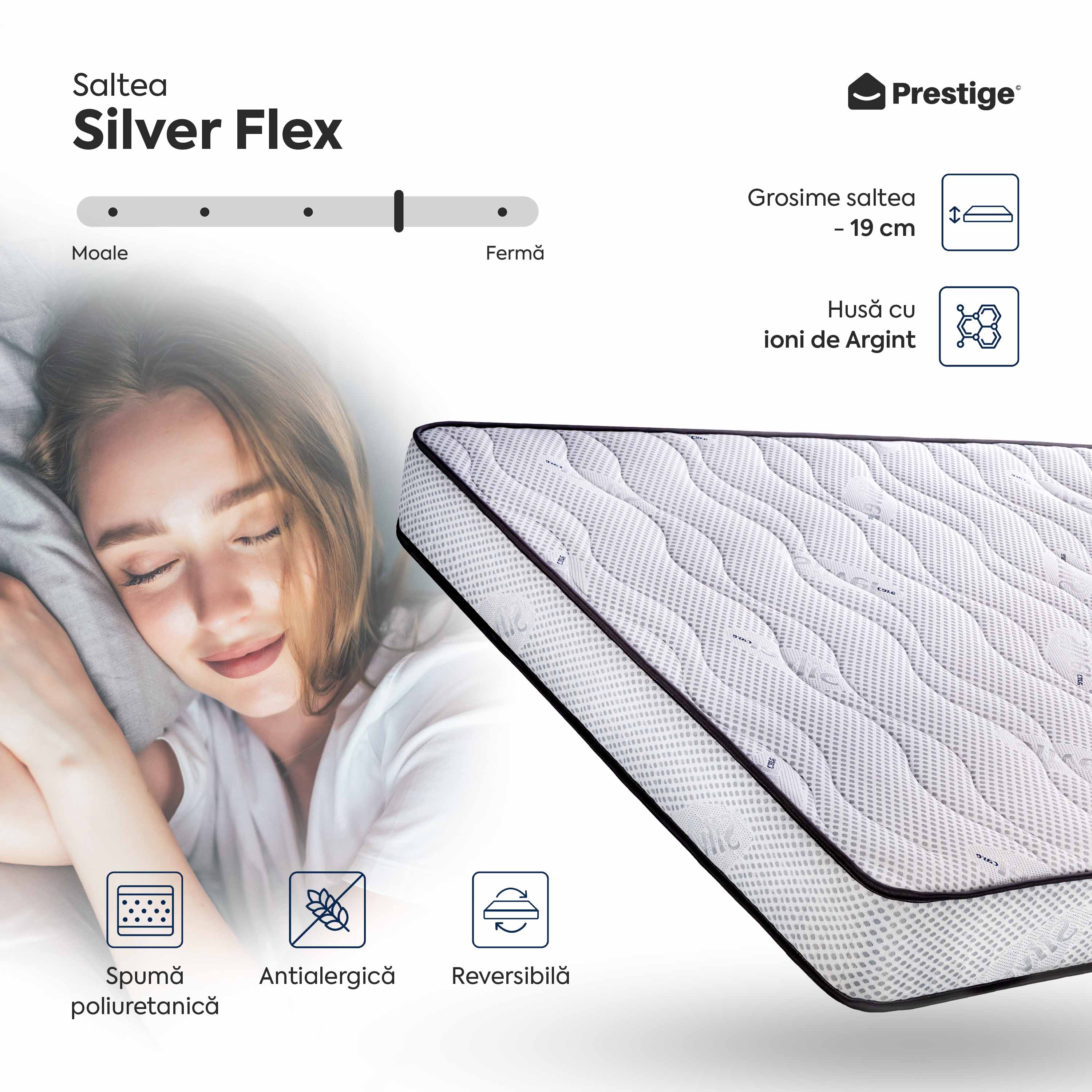 Saltea SILVER FLEX, spumă poliuretanică, reversibilă, hipoalergenică, super ortopedică, Grosime 19 cm  - Prestige Home