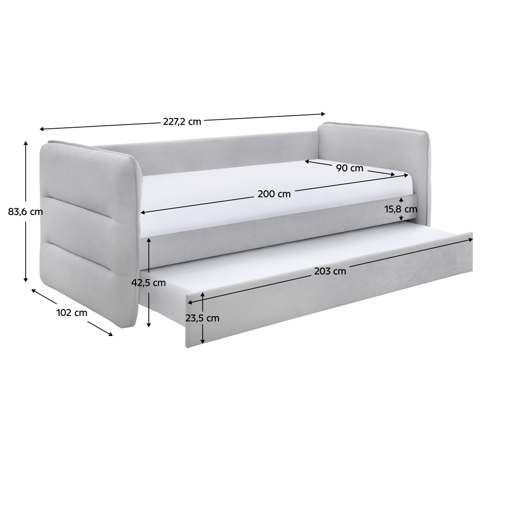 Pat extensibil TRINIA, gri, 90x200 cm, cu pat suplimentar Kondela