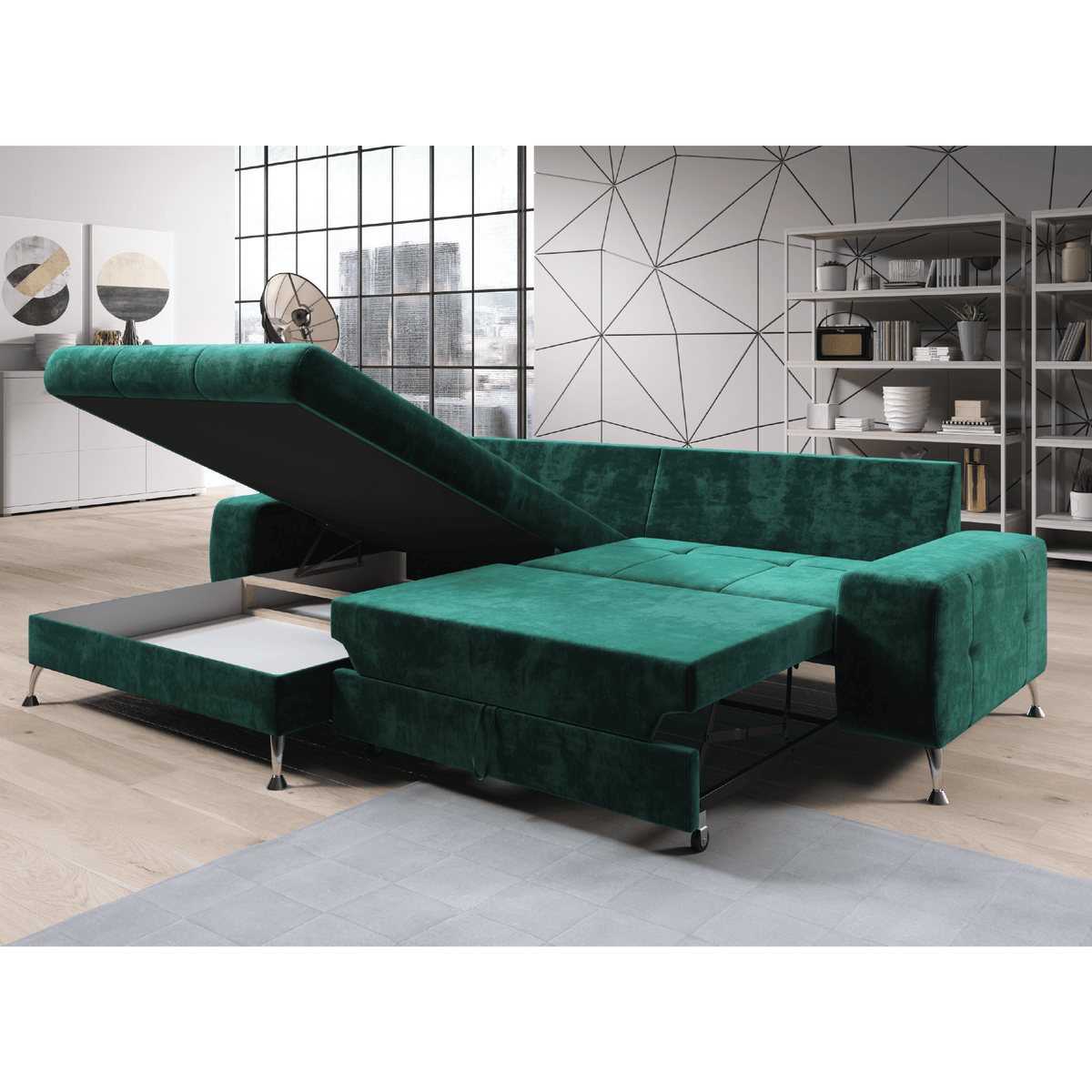 Canapea extensibilă RIMINI, smarald, pe stânga, 275x192x74 cm Kondela