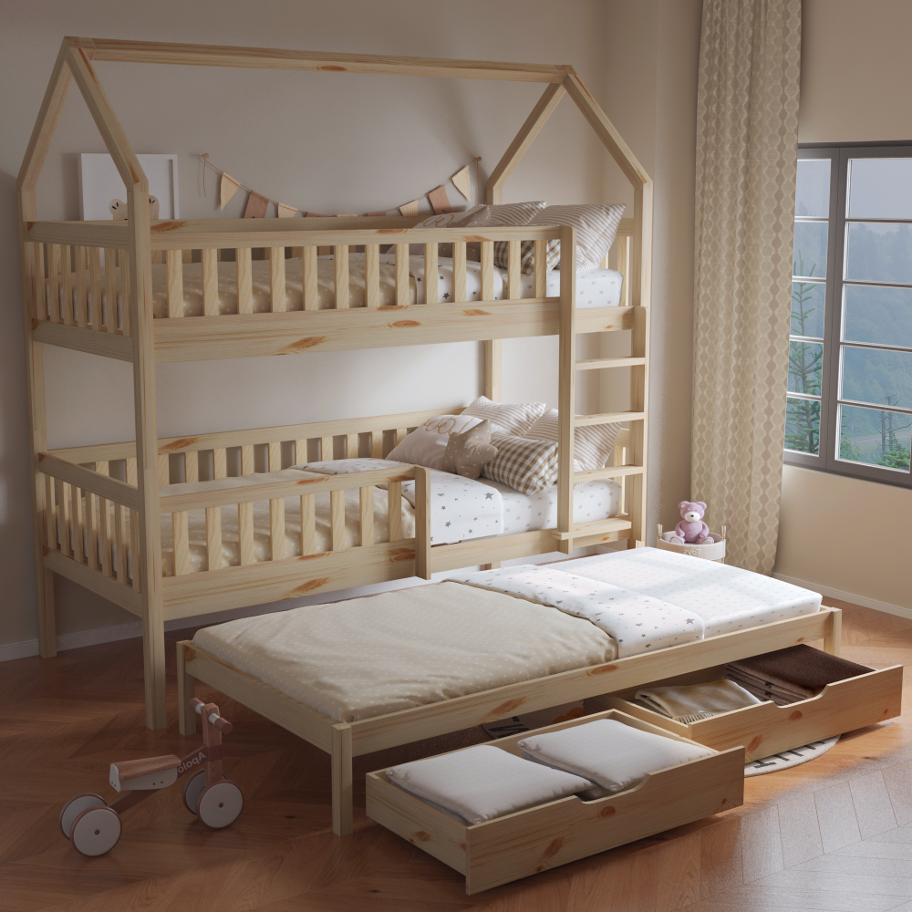 Pat supraetajat Montessori cu pat suplimentar METHONI TIP 1, natural, 212x97x221 cm Kondela