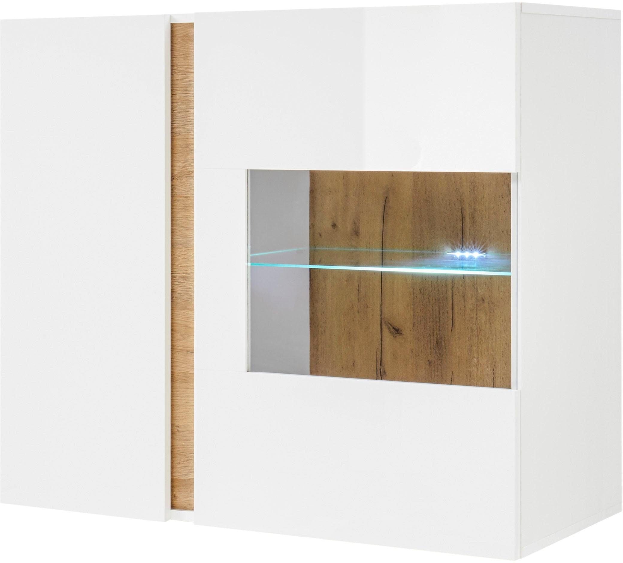 Vitrină Suspendată CLAIR – Alb Lucios/Stejar Grandson, 2 Uși, Inserție din Sticlă, 97x40x83 cm Arboteca