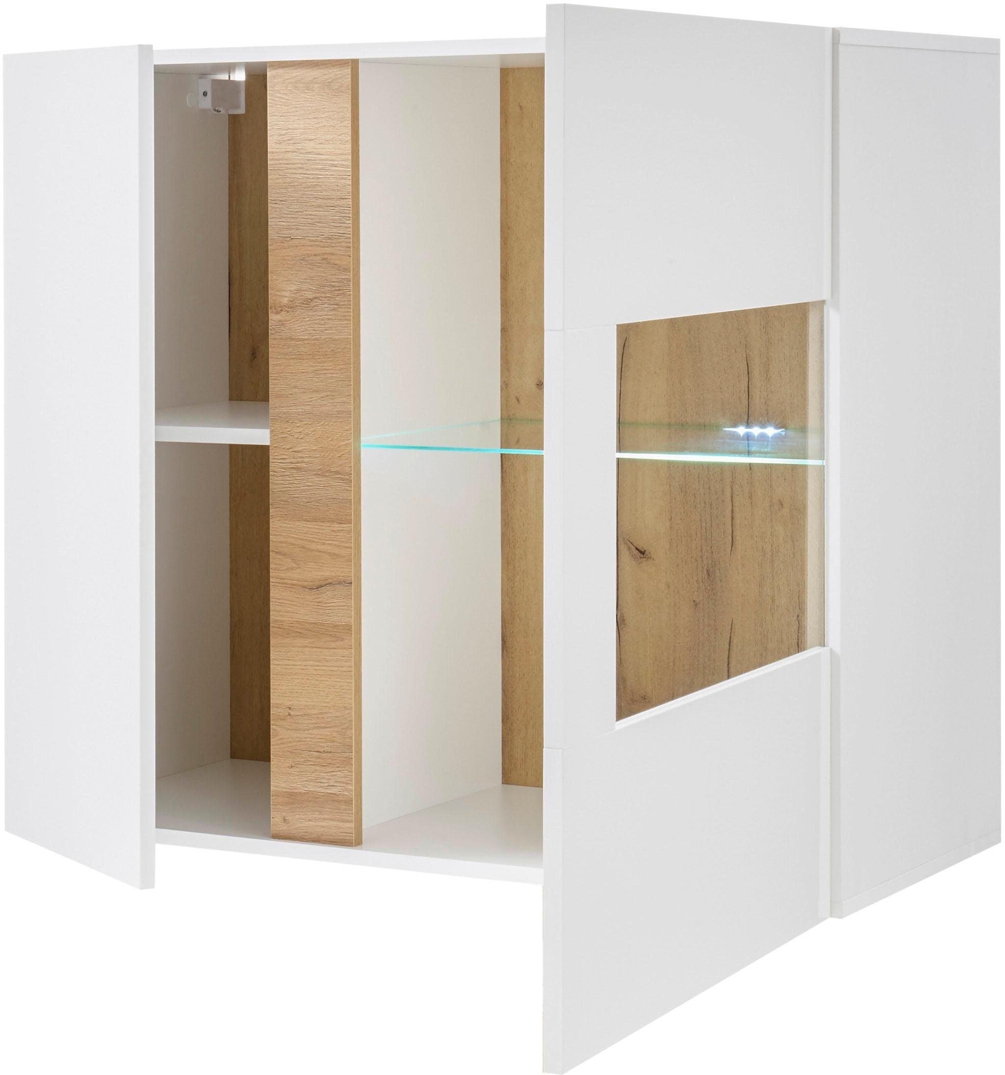 Vitrină Suspendată CLAIR – Alb Lucios/Stejar Grandson, 2 Uși, Inserție din Sticlă, 97x40x83 cm Arboteca