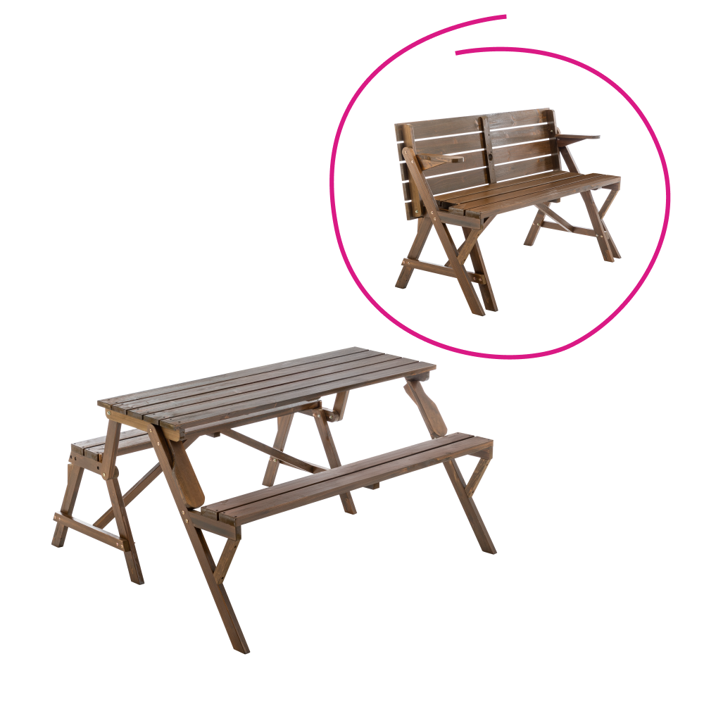 Masă de Grădină 2în1 ZAGIR | Masă + Bancă din Lemn de Pin | Orificiu Umbrelă | Maro | Kondela